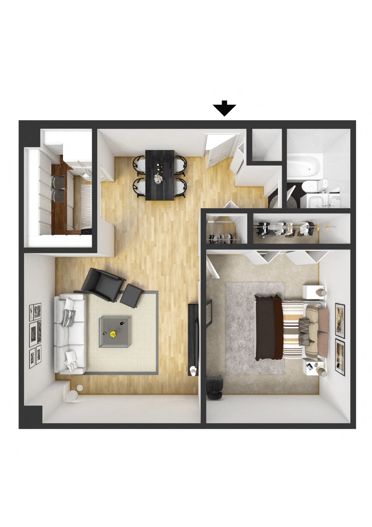 Floor plan for 1 bed, 1 bath, 676 sqft